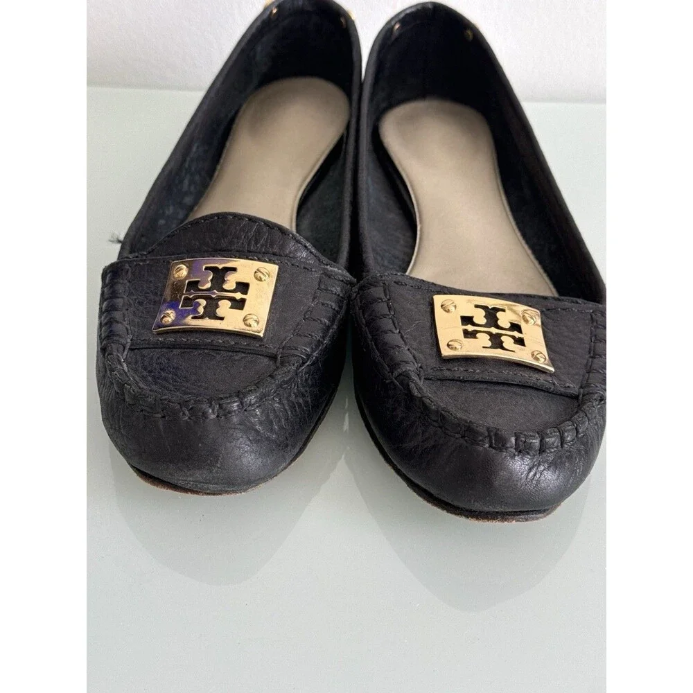 ✿ Tory Burch Black Leather Logo Ballet Flats Gold Plate Size 8M